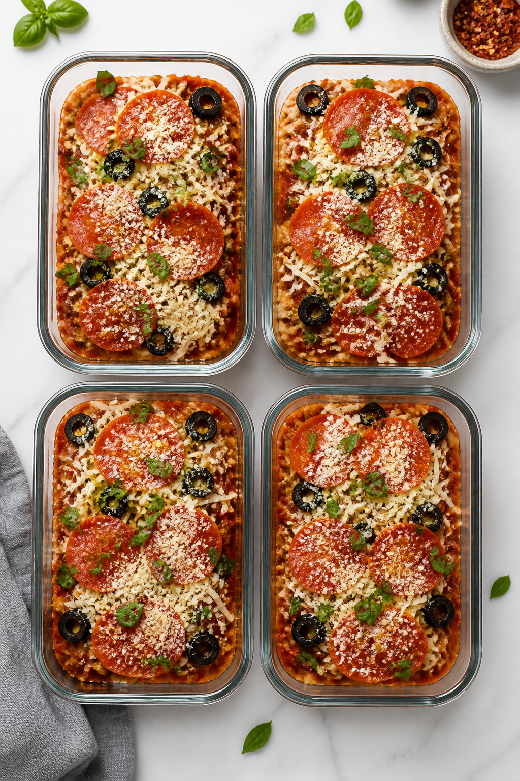 Final plated meal prep: of four oven-safe glass meal prep containers neatly filled and ready for the