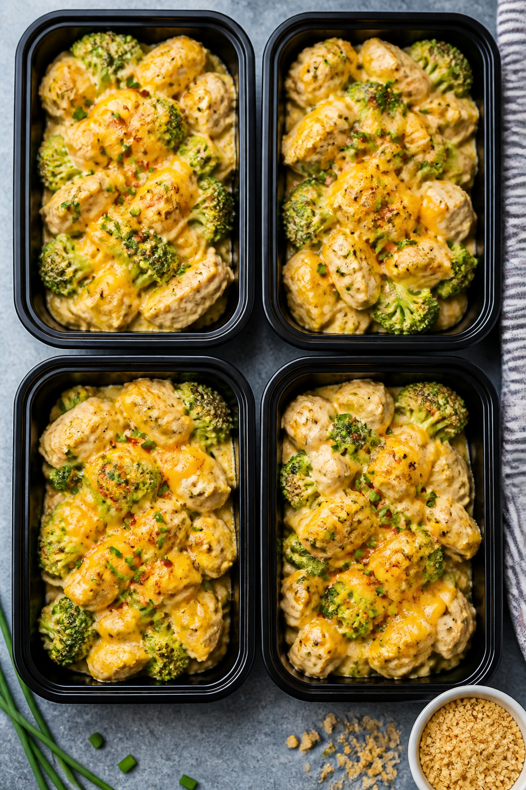 Final plated meal prep: Tasty top view of 4 neatly portioned meal prep containers filled with keto b