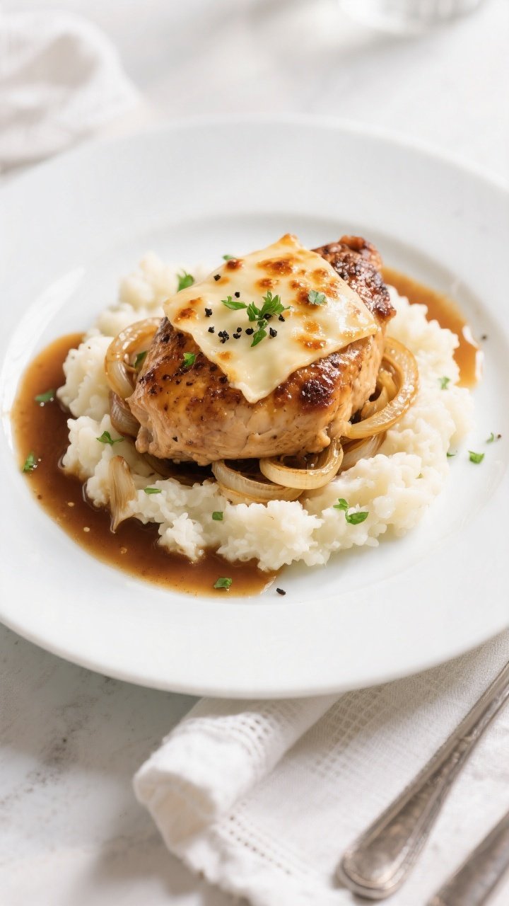 Final plated overhead: Keto French Onion Chicken served on a wide white plate over a creamy cauliflo