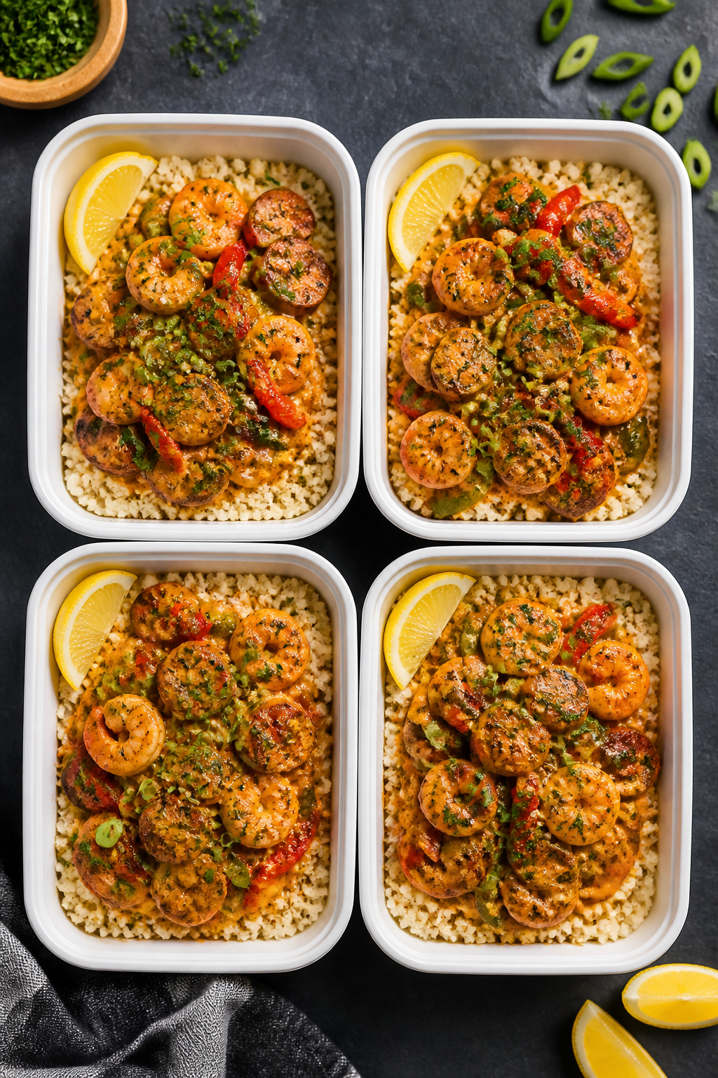 Final plated overhead meal prep: Tasty top view of meal-prep containers neatly arranged, each with a