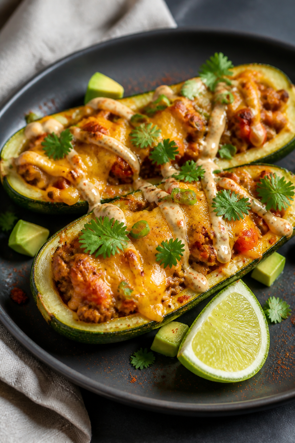 Final plated presentation, close-up: Beautifully plated Healthy Keto Taco Zucchini Boats on a matte