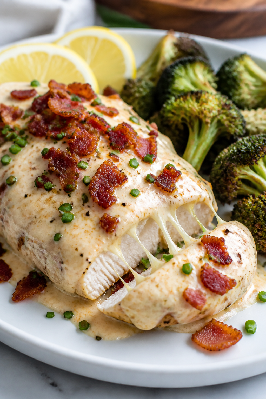 Final plated presentation, close-up detail: Beautifully plated Keto Ranch Bacon Chicken Breast on a