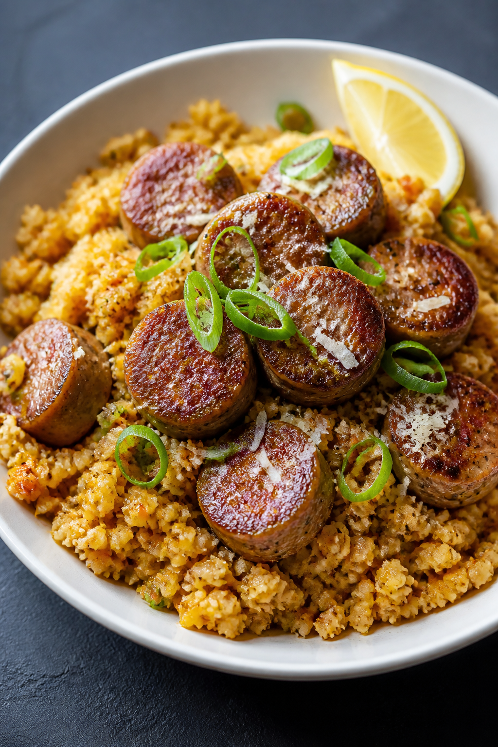 Final plated presentation: Restaurant-quality bowl of keto sausage and cauliflower rice, finished wi