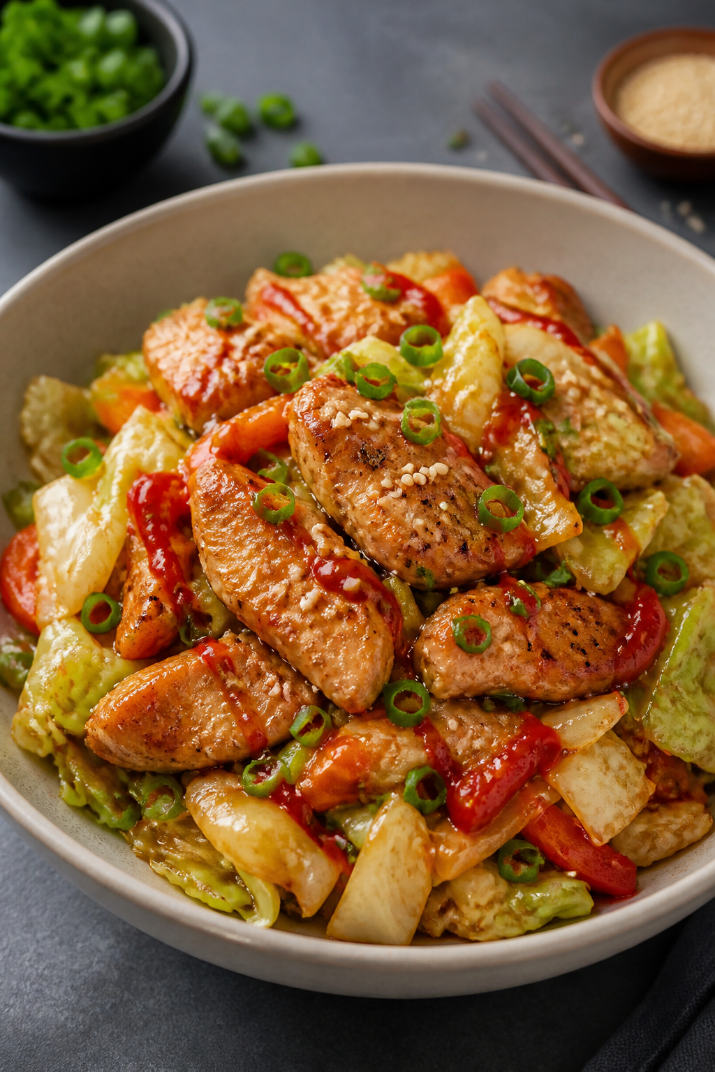 Final plated presentation: Restaurant-quality bowl of Keto Chicken Cabbage Stir Fry, beautifully arr