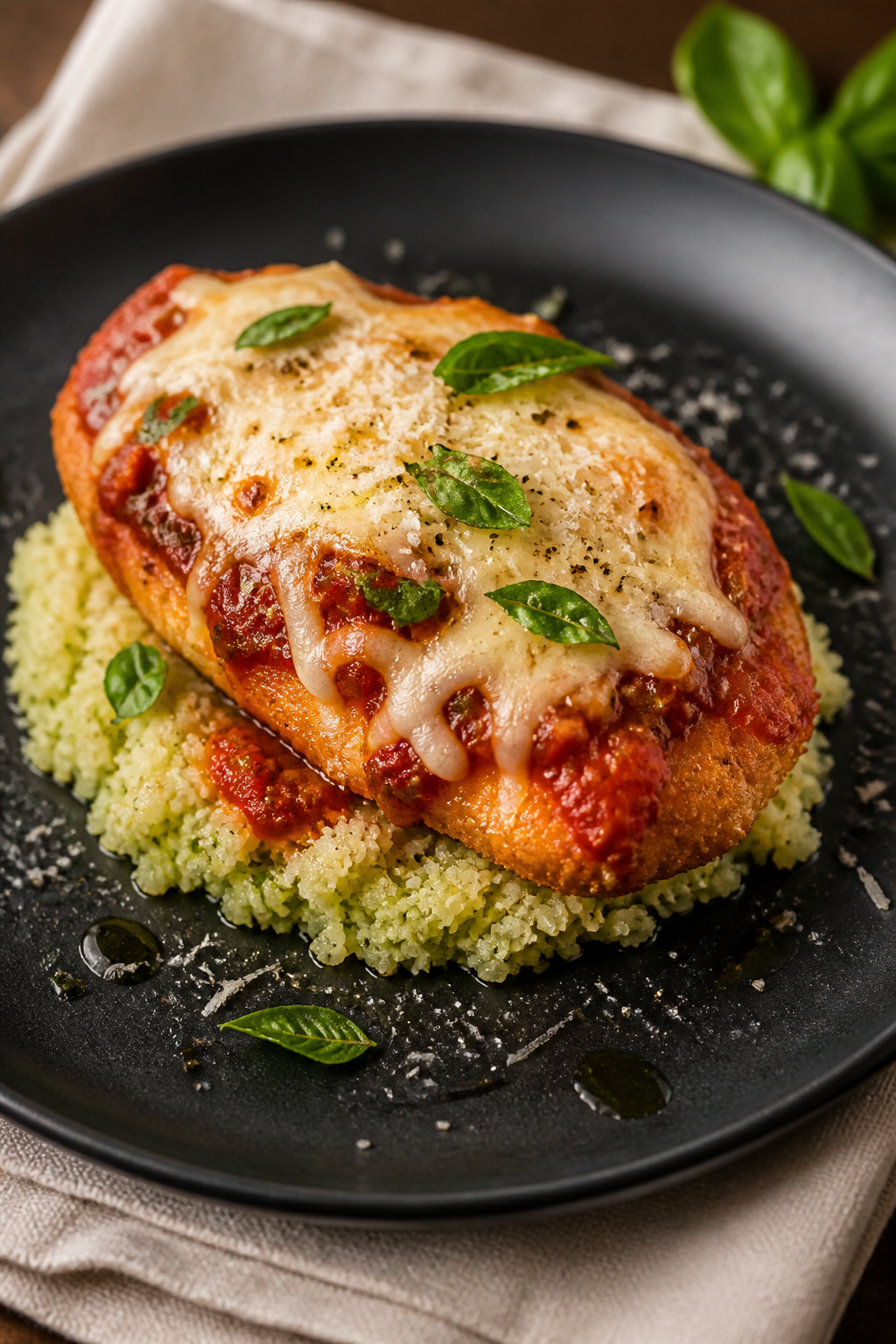Final plated presentation: Restaurant-quality plate featuring one Chicken Parmesan breast atop a nes