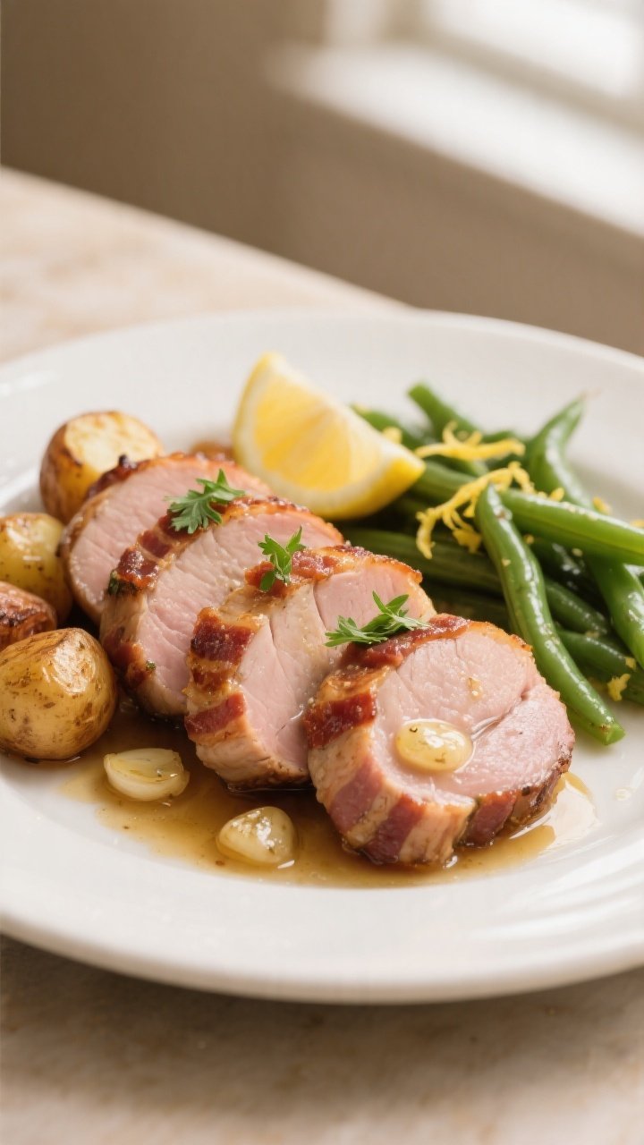 Final plated presentation, sliced medallions: Beautifully plated Garlic Butter Bacon Pork Tenderloin
