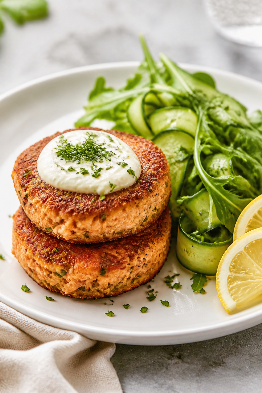 Final plated presentation: Two medium salmon cakes stacked slightly offset on a matte white plate, t