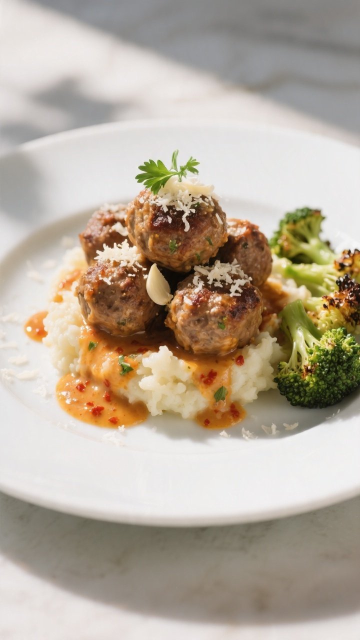 Final plated restaurant-quality presentation: Keto creamy Parmesan meatballs stacked over cauliflowe