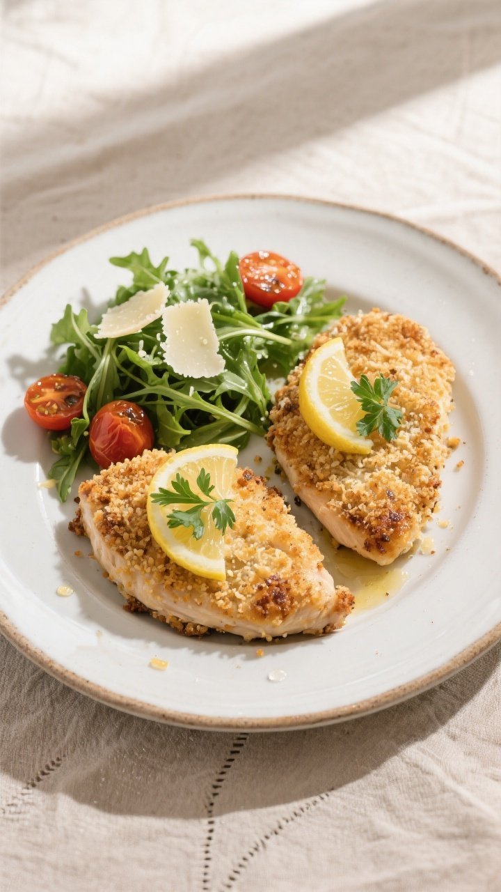 Final plated, tasty top view: Overhead shot of two Parmesan crusted chicken cutlets on a white rimme
