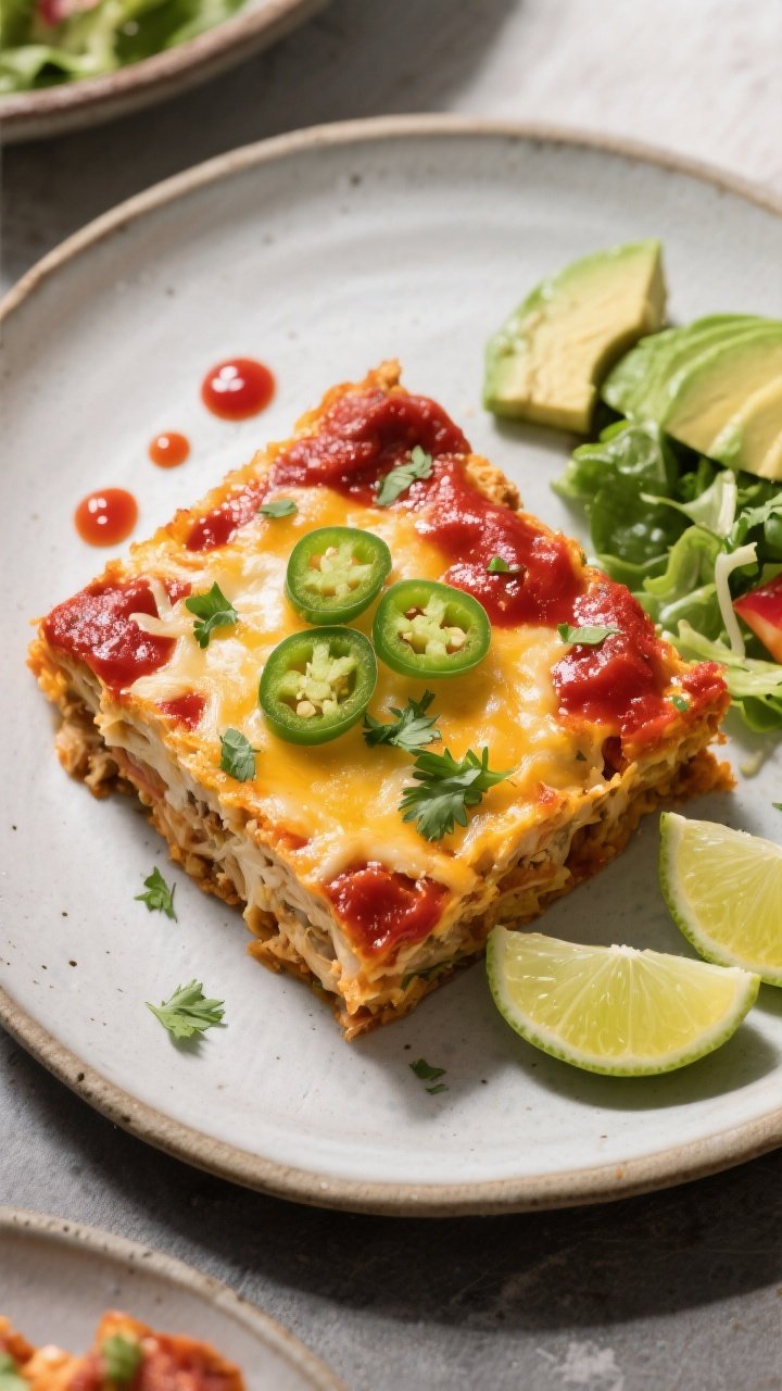 Final plated, top view: a neat square slice of Cheesy Keto Chicken Enchilada Casserole on a matte ce