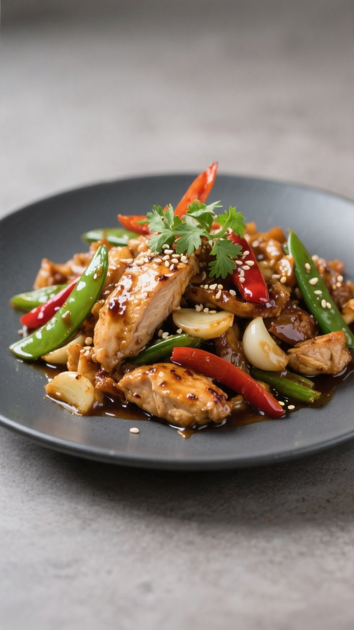 Final presentation: Restaurant-quality plated chicken stir fry “as is” (no base) on a shallow ch