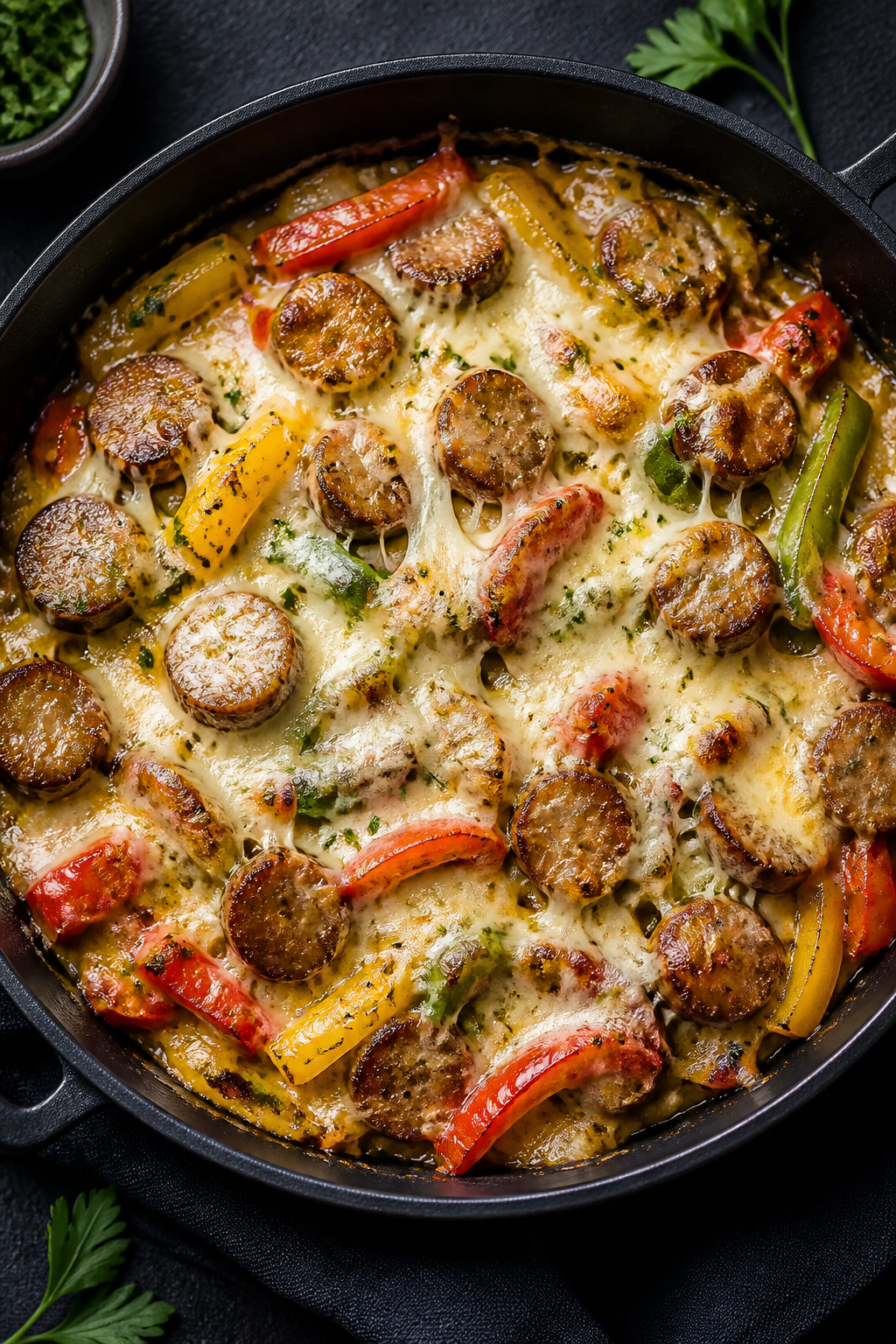 Melty cheese moment: Overhead shot of the assembled Cheesy Keto Sausage and Peppers just out of the 