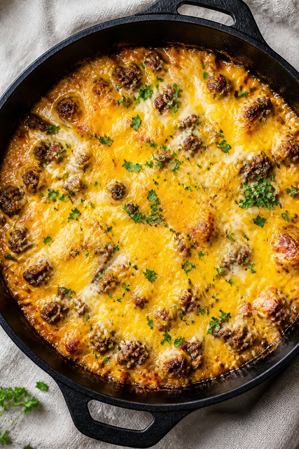 Melty cheese moment: Overhead shot of the finished cheeseburger skillet right after “cheese it up,