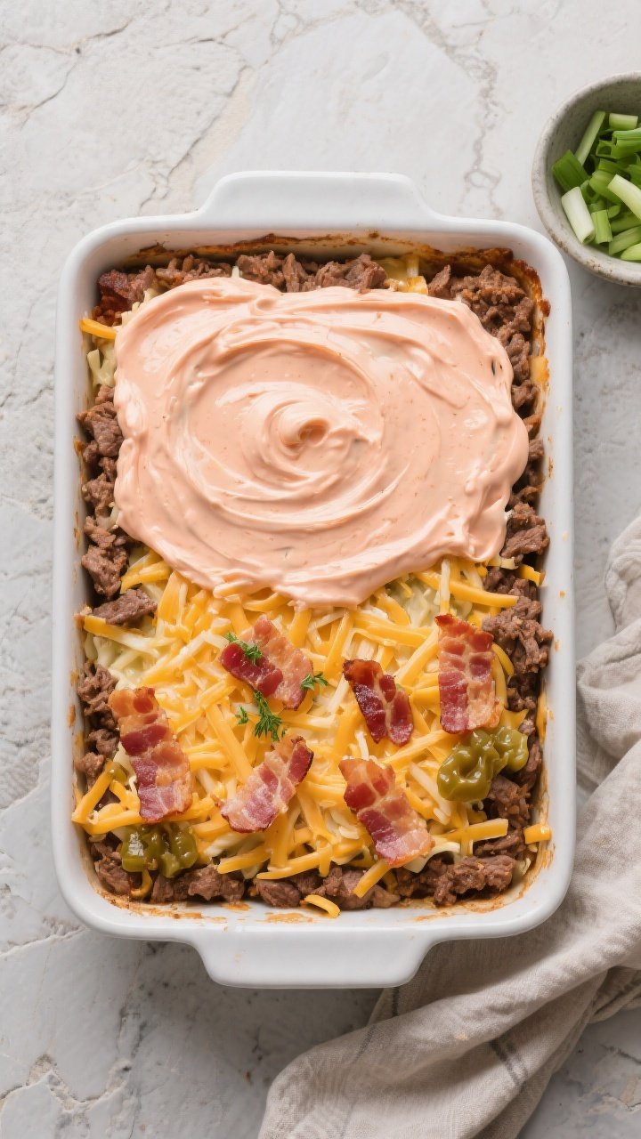 Overhead “assembly before bake” shot: 9x13 casserole dish filled with the seasoned beef and baco