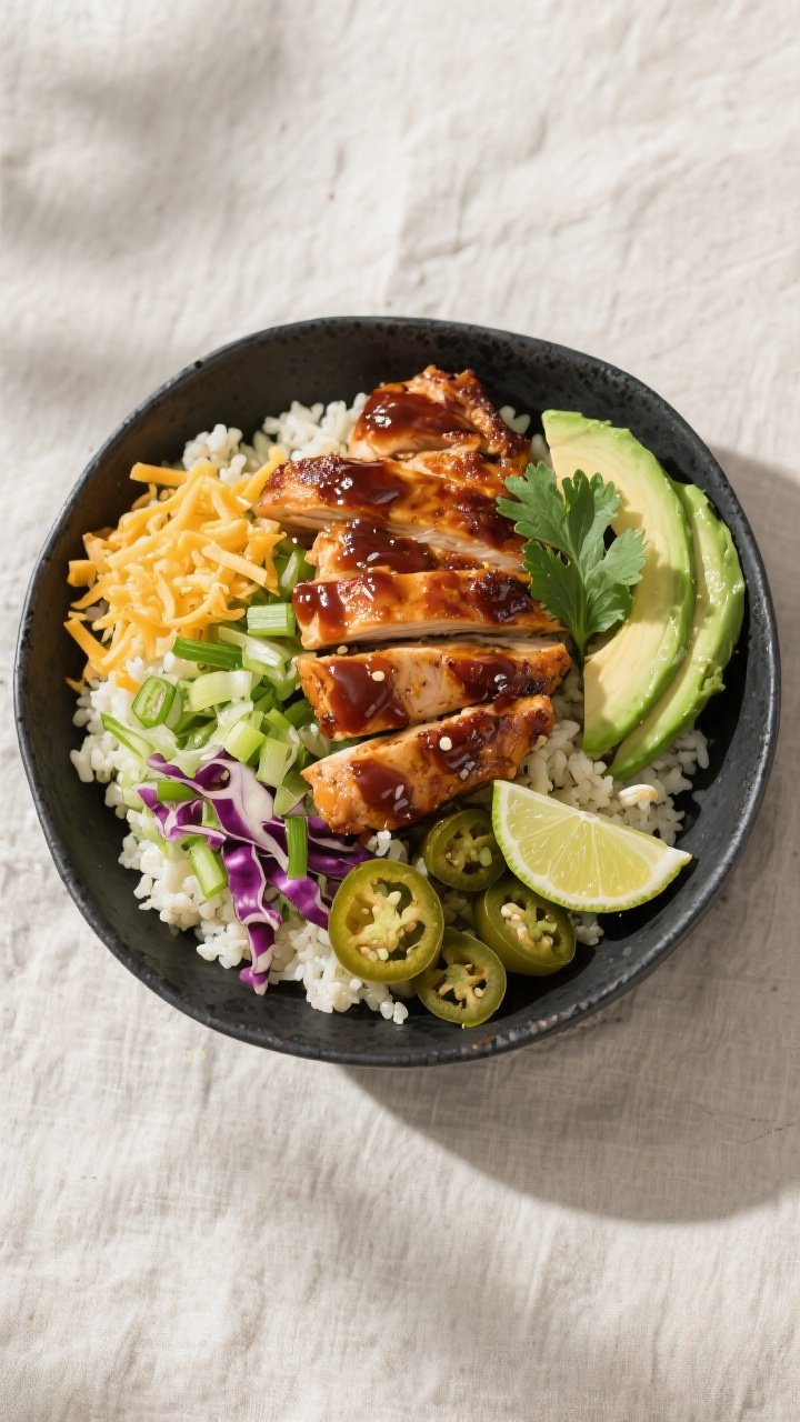 Overhead “bowl build” shot: Tasty top view of a Keto BBQ Chicken Bowl layered on matte black sto