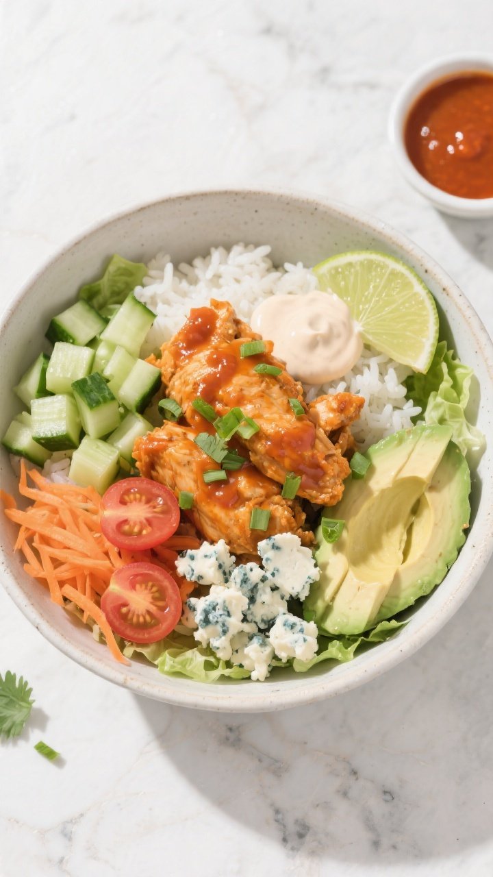 Overhead “build-your-bowl” shot: of an assembled Buffalo Chicken Bowl over fluffy white rice and