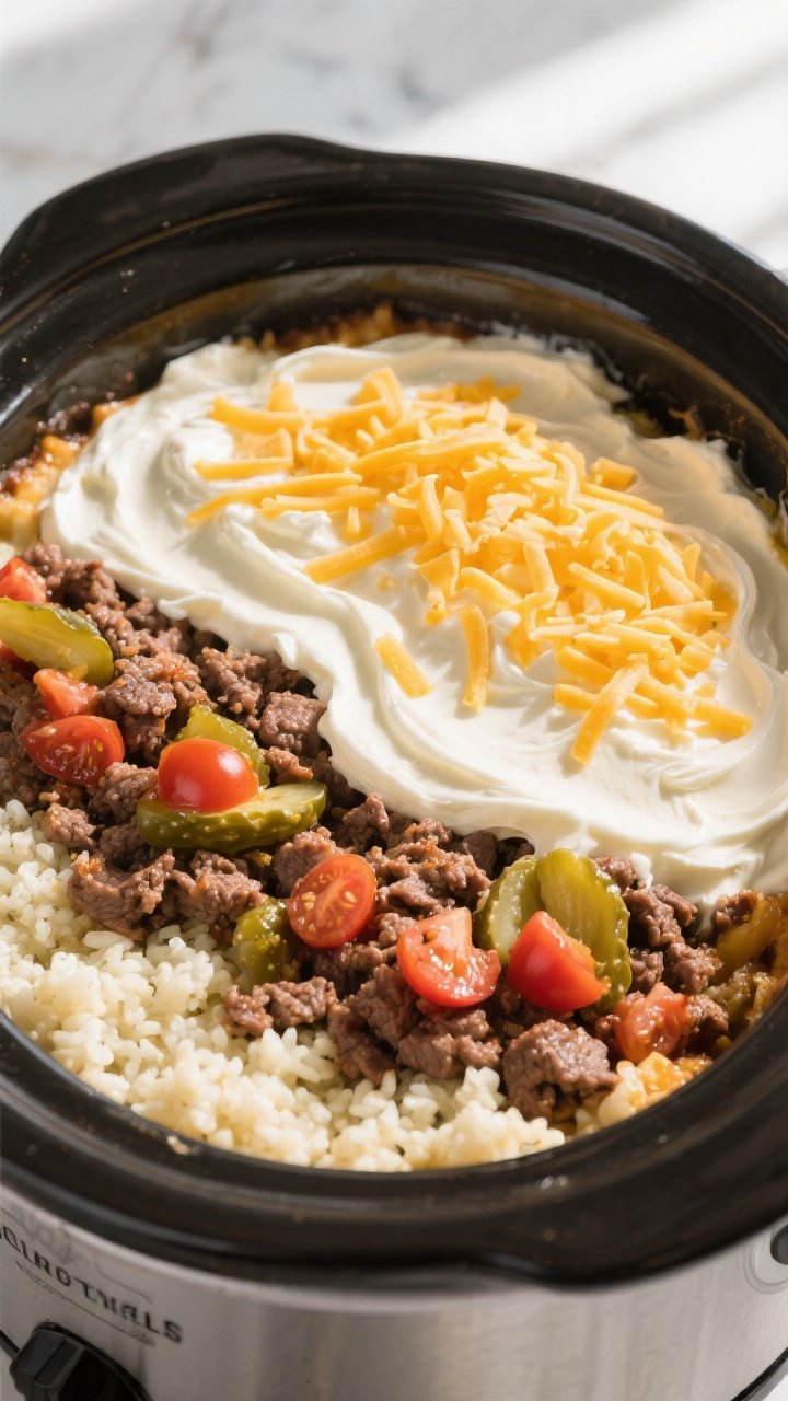 Overhead crockpot stage shot: of the assembled Keto Crockpot Cheeseburger Casserole before the final