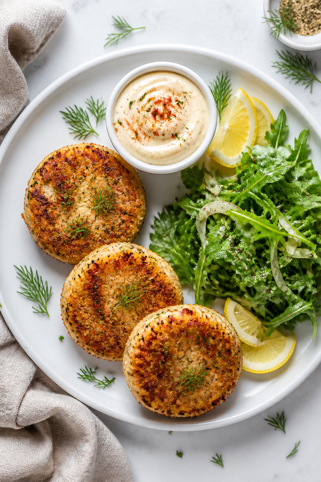 Overhead final presentation: Tasty top-view of three salmon cakes on a matte white plate, neatly arr