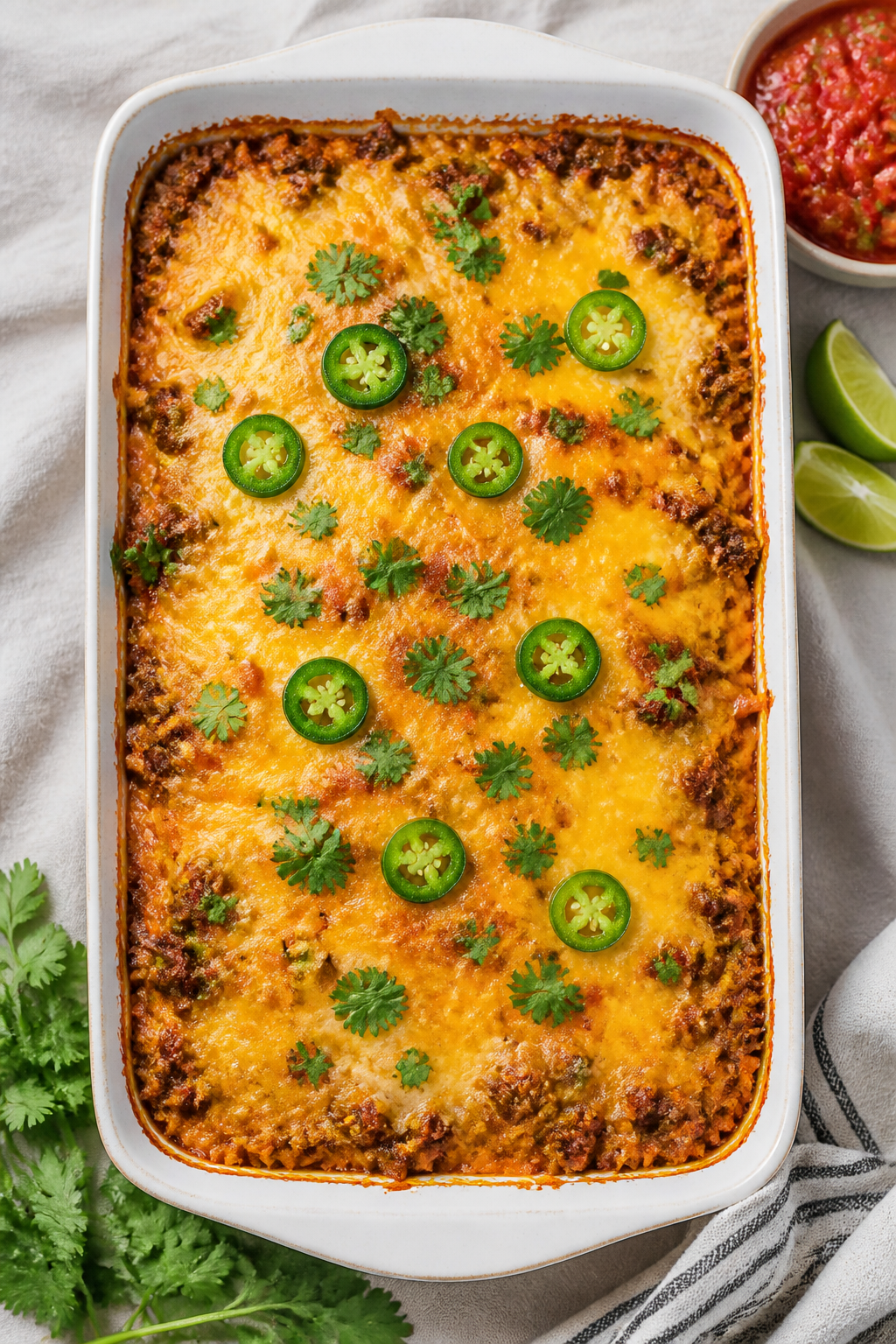 Overhead “just baked” casserole: Top-down shot of the cheesy keto taco casserole in a 9x13 dish