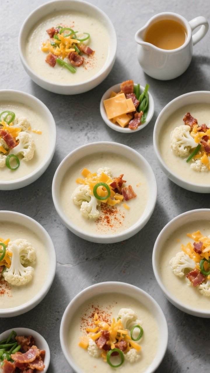 Overhead “loaded” top view: Tasty top-down shot of multiple bowls of finished cauliflower soup a