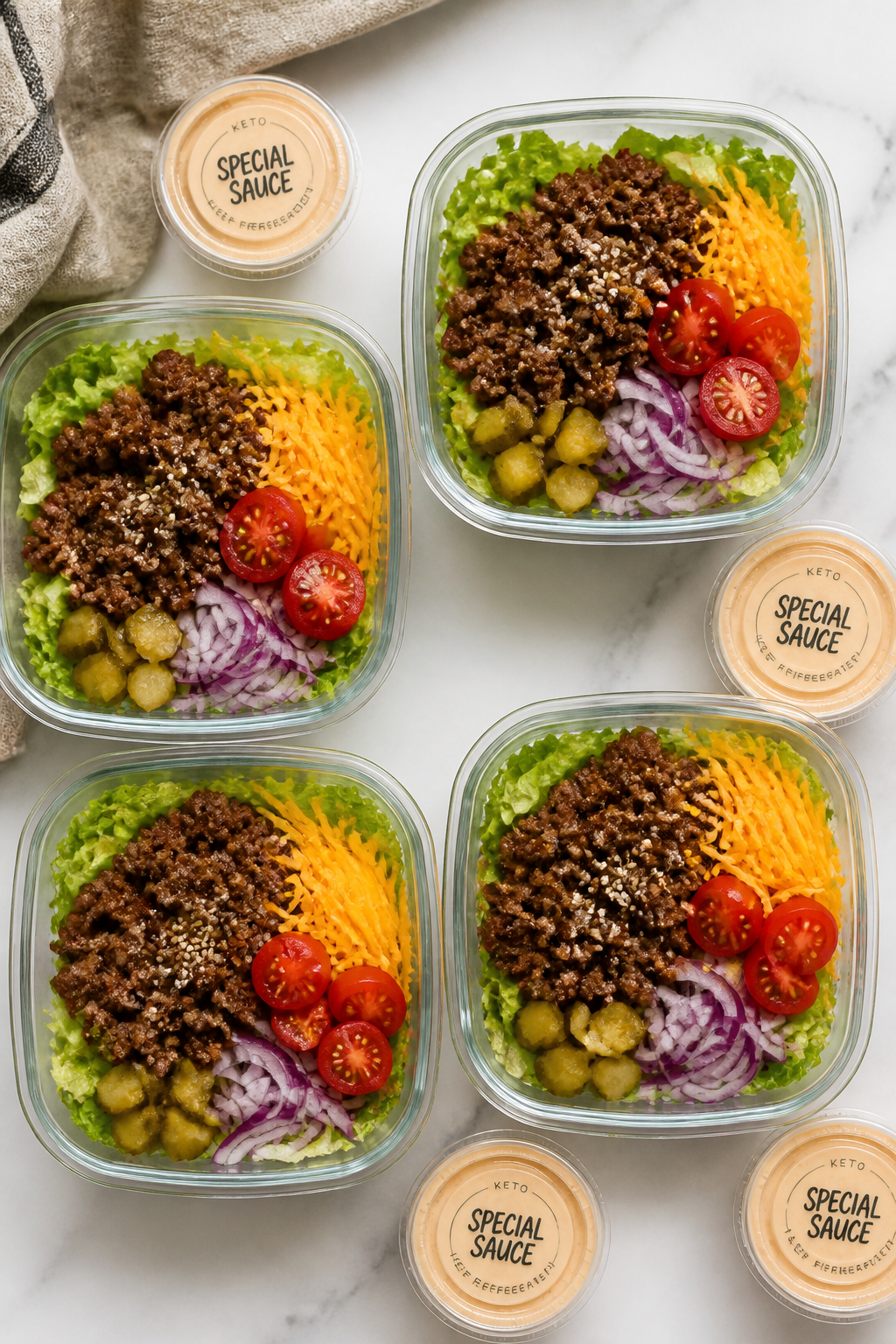 Overhead meal-prep layout: Top-down shot of multiple keto cheeseburger meal prep bowls in clear cont