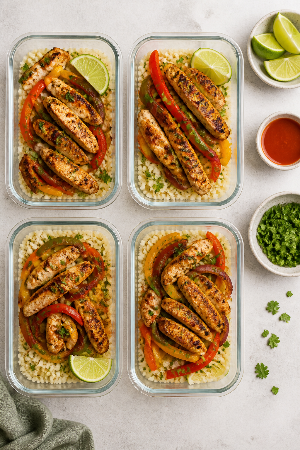 Overhead meal prep spread: Tasty of four meal prep containers neatly portioned with cauliflower rice