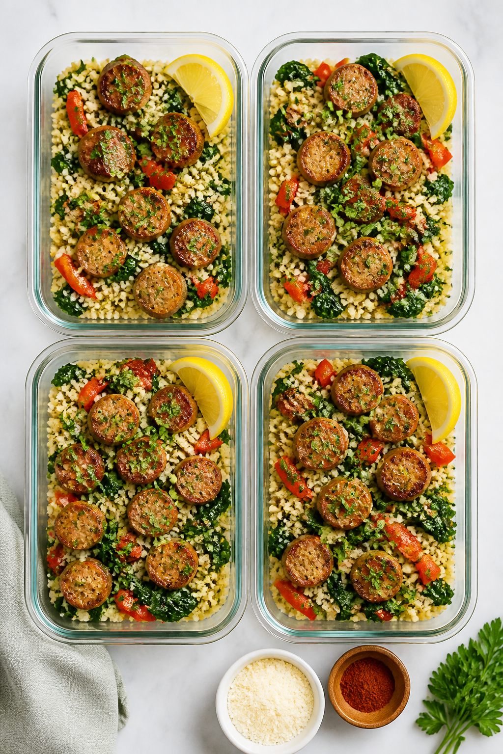 Overhead “meal prep” top view: Four shallow glass containers neatly portioned with keto sausage
