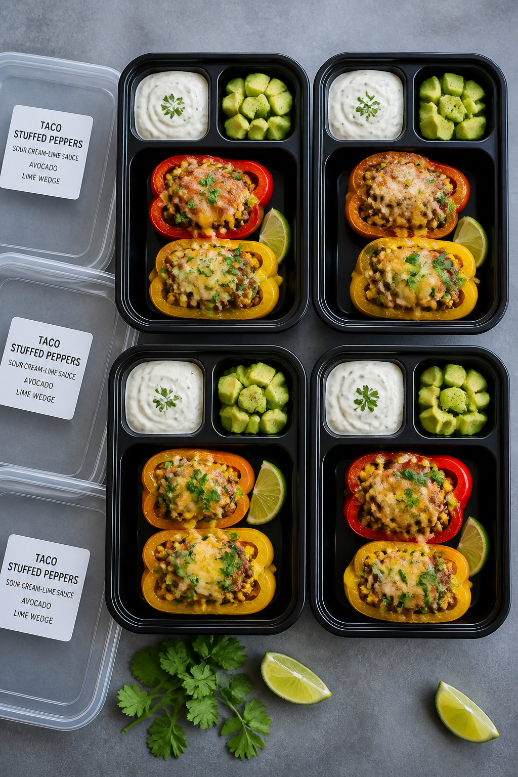 Overhead meal-prep top view: Neat array of meal prep containers each holding one or two cooked taco-