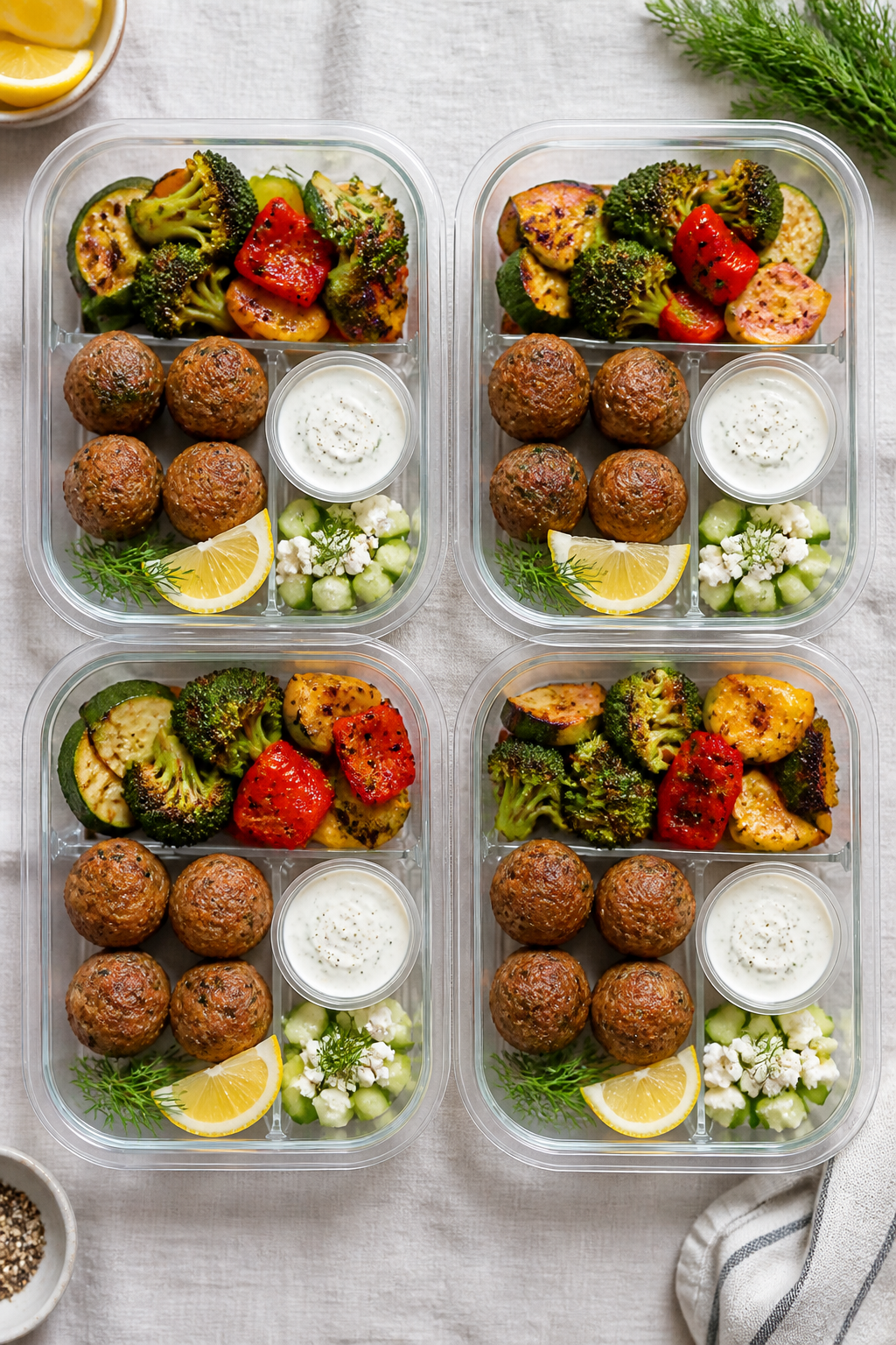 Overhead “meal prep” top view of four open airtight containers neatly assembled: a tidy quadrant