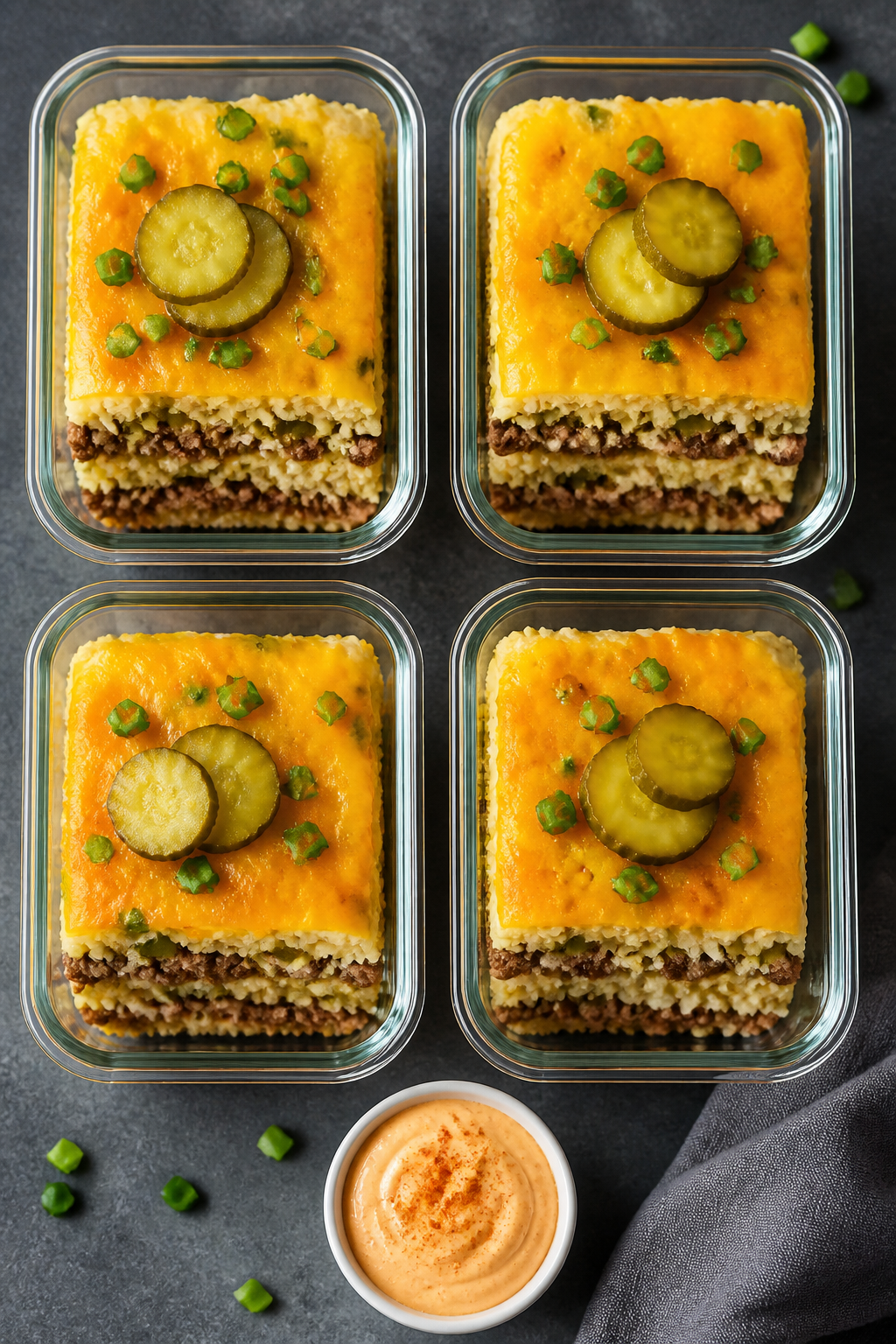 Overhead “meal prep” top view of the casserole portioned into neat squares in clear containers: 