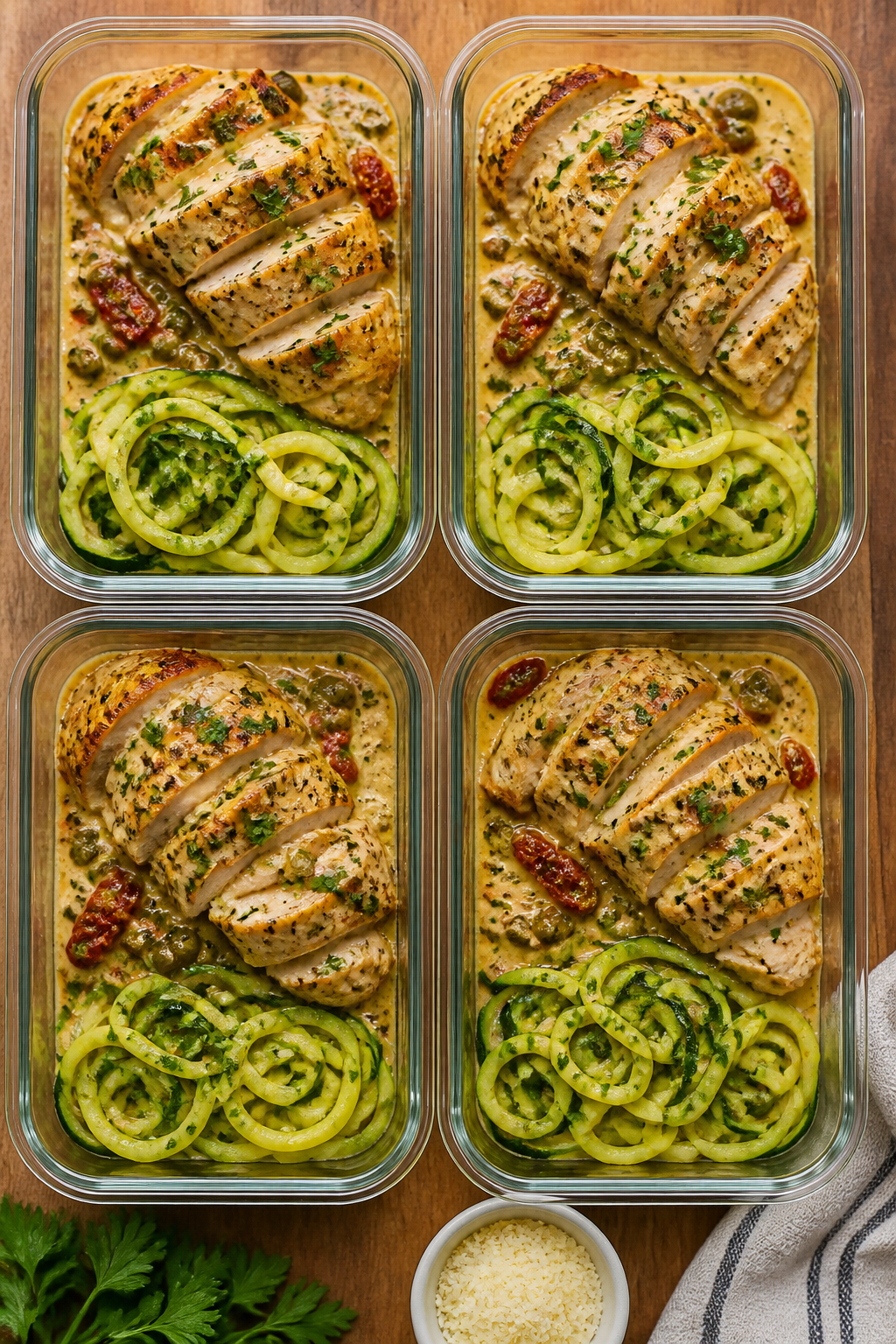 Overhead meal-prep top view: Tidy grid of four glass meal-prep containers filled with sliced Creamy 
