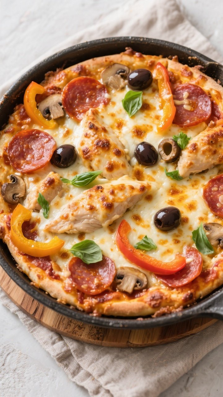 Overhead “pizza-bake” reveal: Top-down shot of Keto Crockpot Pizza Chicken right after the final