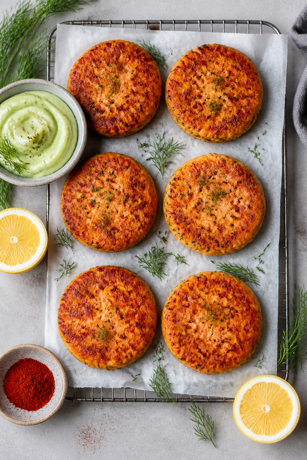 Overhead shot of a meal-prep spread: six evenly browned salmon patties arranged on parchment over a 