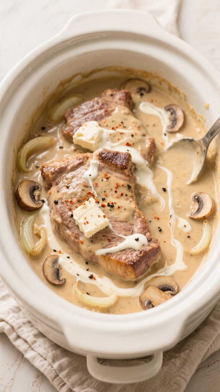 Overhead shot of crockpot smothered pork chops mid-finish as the creamy gravy comes together: silky 