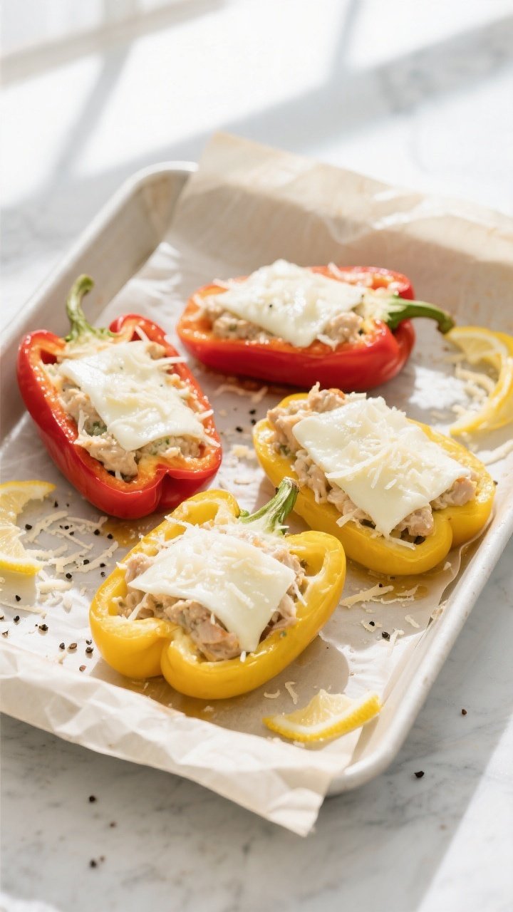 Overhead “stuff and bake” stage: of par-baked red and yellow bell pepper halves in a parchment-l