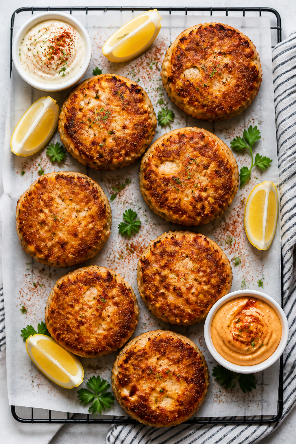 Overhead “tasty top view”: A parchment-lined cooling rack holding a batch of freshly pan-fried s