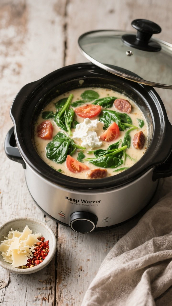 Overhead tasty top view: A rustic tabletop scene with the slow cooker on Keep Warm, lid off, showing