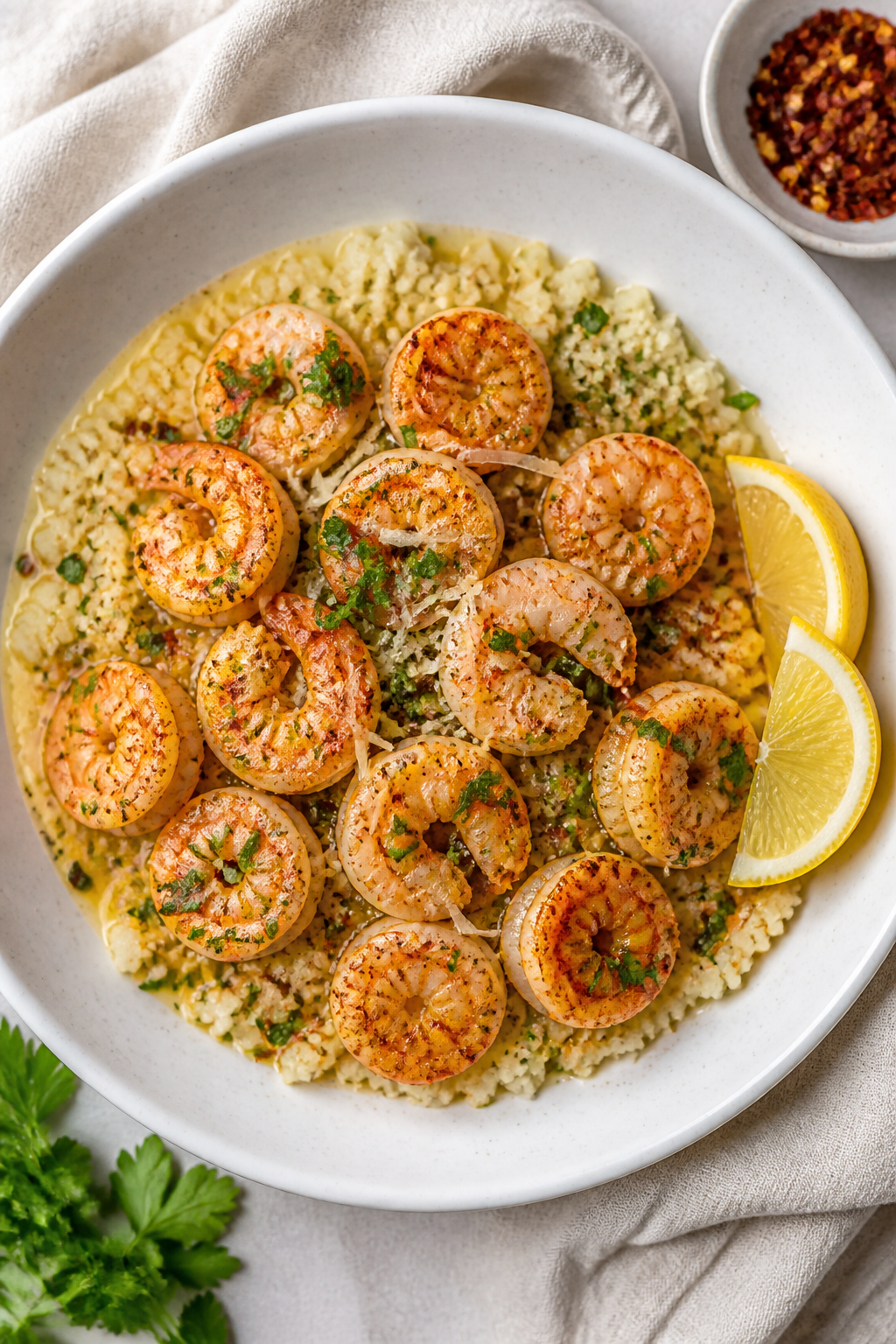 Overhead tasty top view: Assembled Keto Garlic Shrimp and Cauliflower Rice Bowl, fluffy cauliflower 
