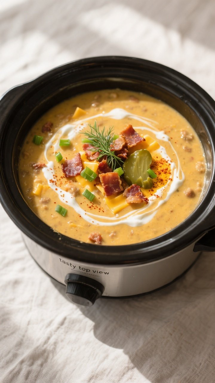 Overhead “tasty top view”: Crockpot of Keto Creamy Bacon Cheeseburger Soup just after dairy is a
