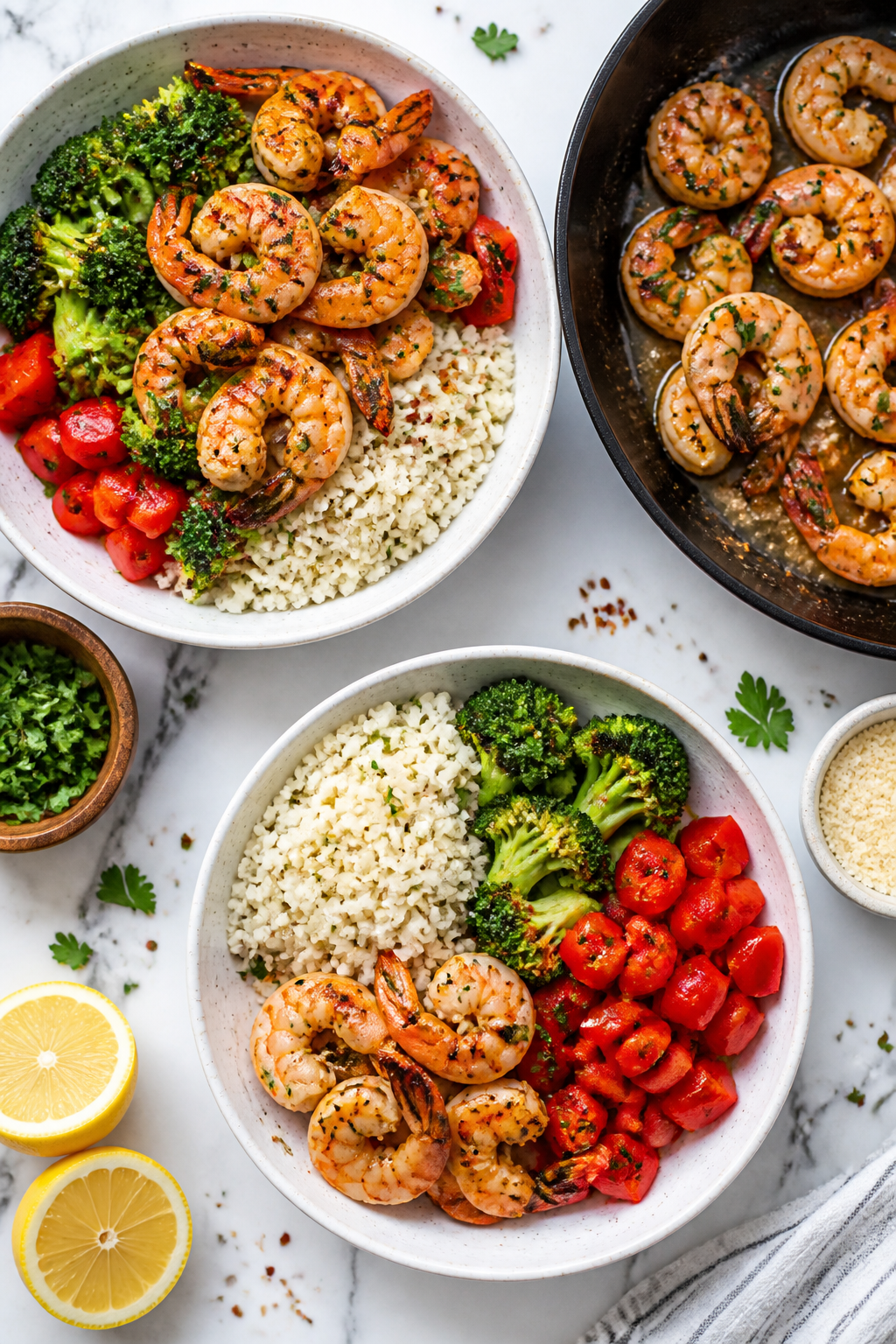 Overhead “tasty top view” for meal prep/serving: Top-down shot of two bowls plus a skillet—one