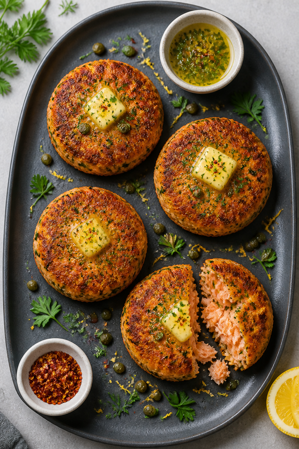 Overhead tasty top view: Four keto salmon patties arranged on a slate-gray platter, each with a pat