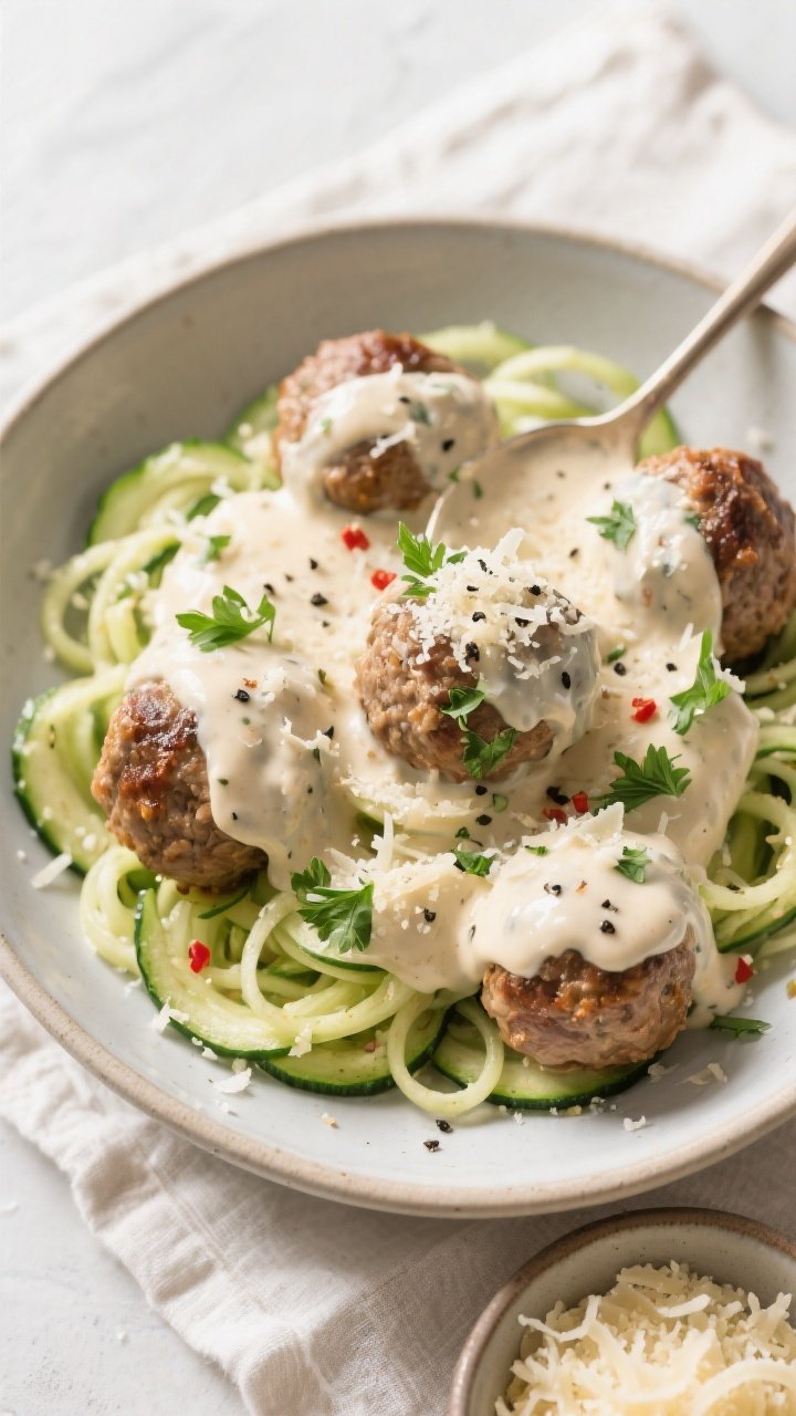 Overhead “tasty top view” of a shallow bowl filled with Keto Crockpot Creamy Parmesan Meatballs 