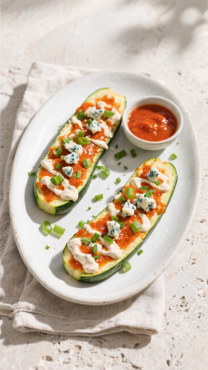 Overhead “tasty top view” of the final plated dish: two zucchini boats on a matte white oval pla