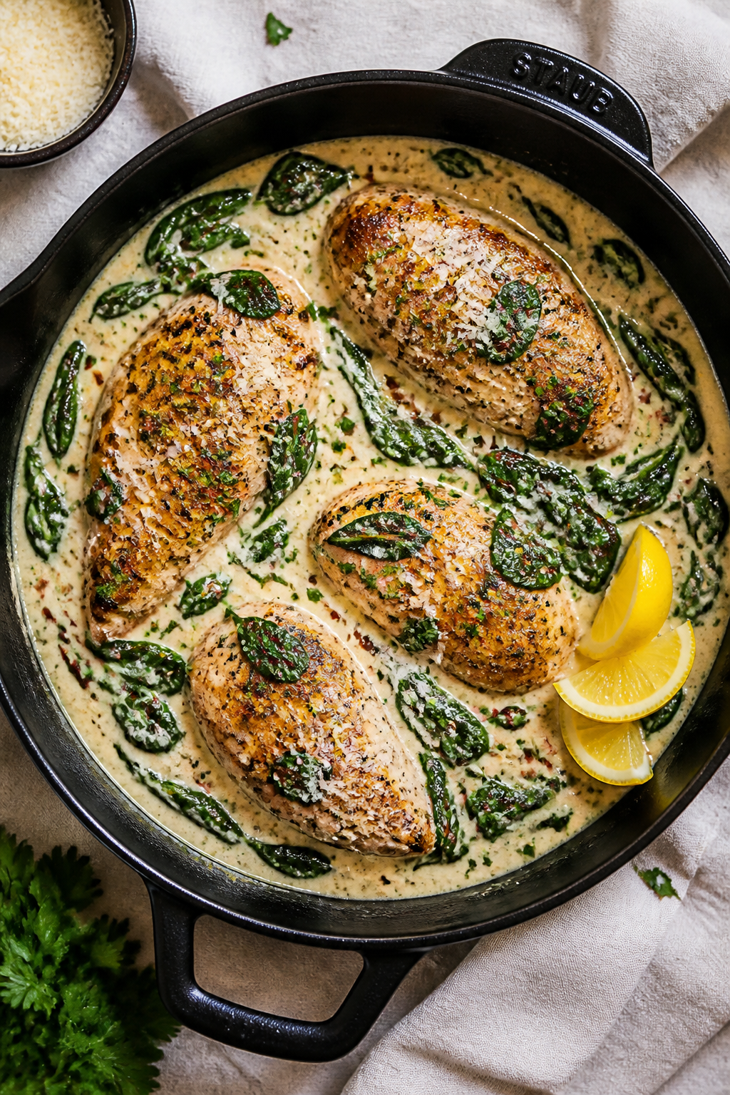 Overhead “tasty top view”: One-pan keto chicken and spinach in a creamy Parmesan sauce, shot dir