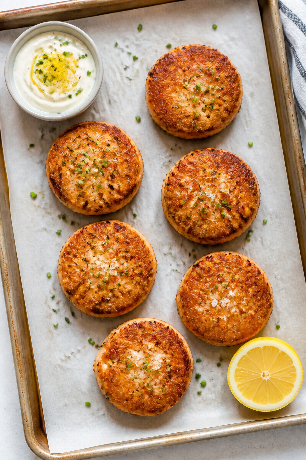 Overhead tasty top-view: Six small keto salmon cakes arranged on a parchment-lined sheet pan just af