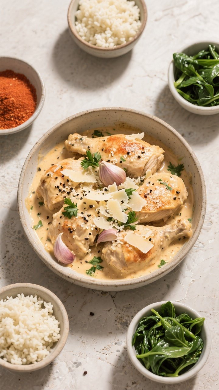 Overhead “tasty top view”: Top-down shot of a family-style serving bowl filled with creamy garli