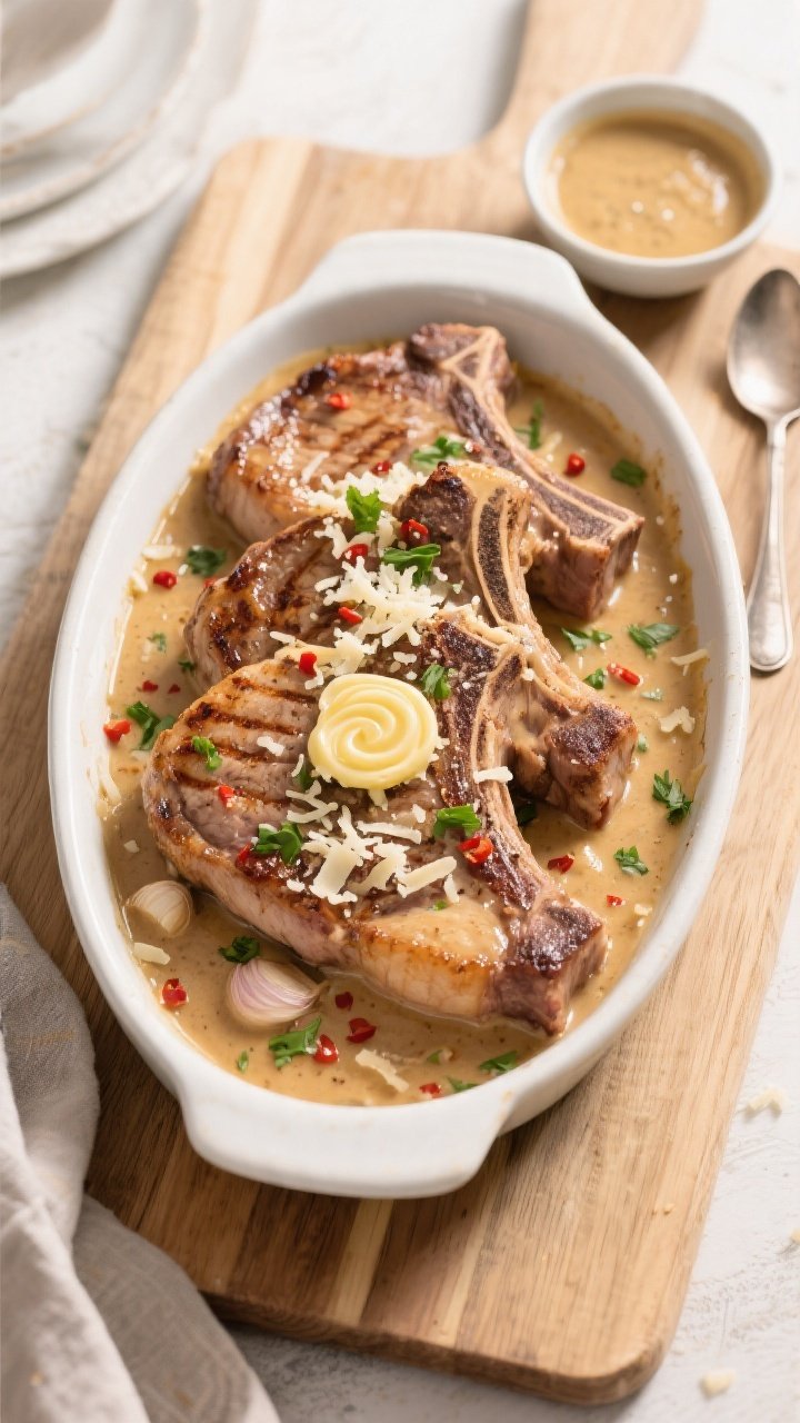 Overhead tasty top view: Top-down shot of a family-style presentation—pork chops nestled in a shal