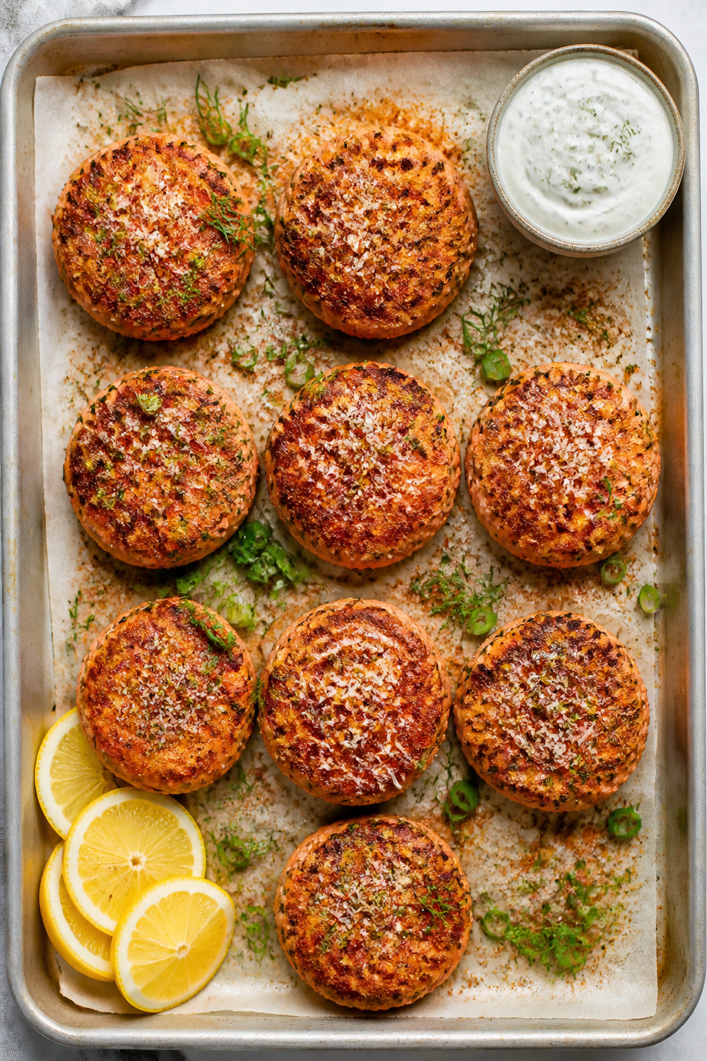 Overhead tasty top view: Top-down shot of eight evenly browned salmon patties arranged on a parchmen