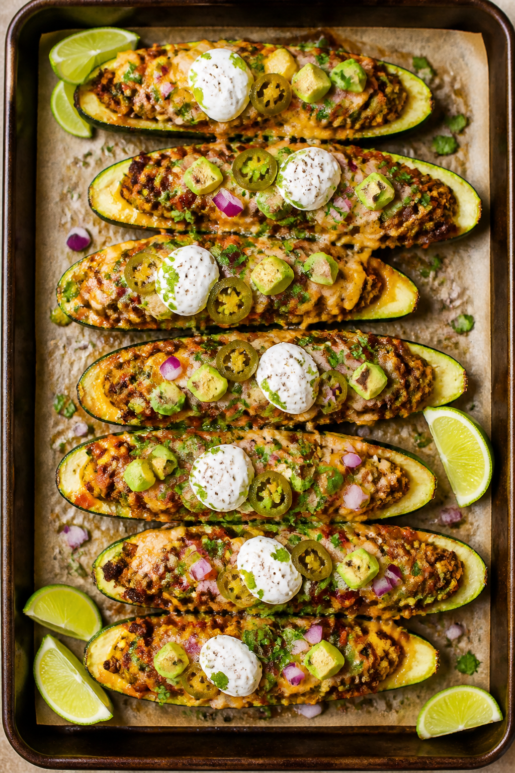 Overhead tasty top view: Top-down shot of freshly baked keto taco zucchini boats on a parchment-line