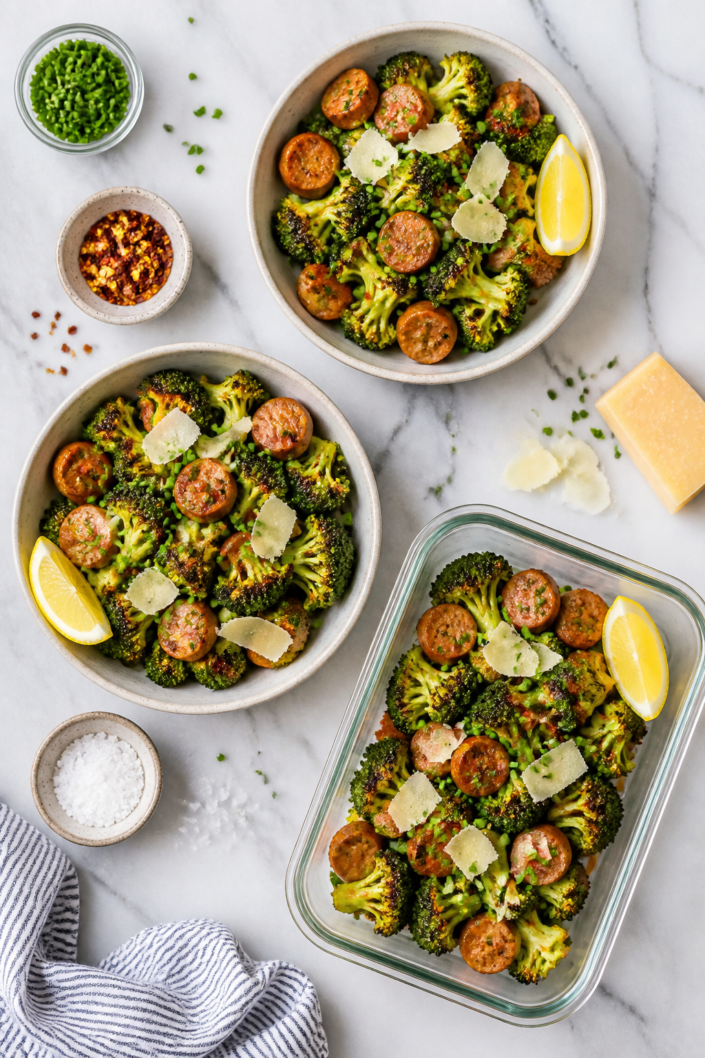 Overhead top view, meal-prep vibe: Tasty top-down shot of two bowl portions plus one meal-prep conta